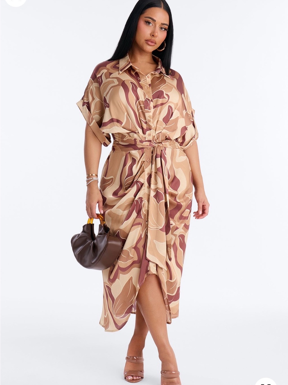 NWT Fashion Nova Melina Satin Shirt Midi Dress Brown